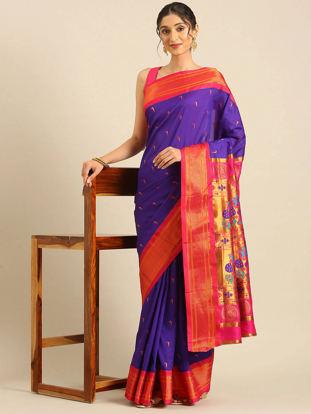 Muniya paithani saree silk blend in indigo blue and pink with parrot motif zari work - styled model view for wedding wear