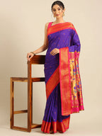 Muniya paithani saree silk blend in indigo blue and pink with parrot motif zari work - styled model view for wedding wear