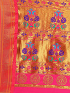 Muniya paithani saree silk blend in indigo blue and pink with parrot motif zari work - pallu detail showing woven motif design for wedding wear