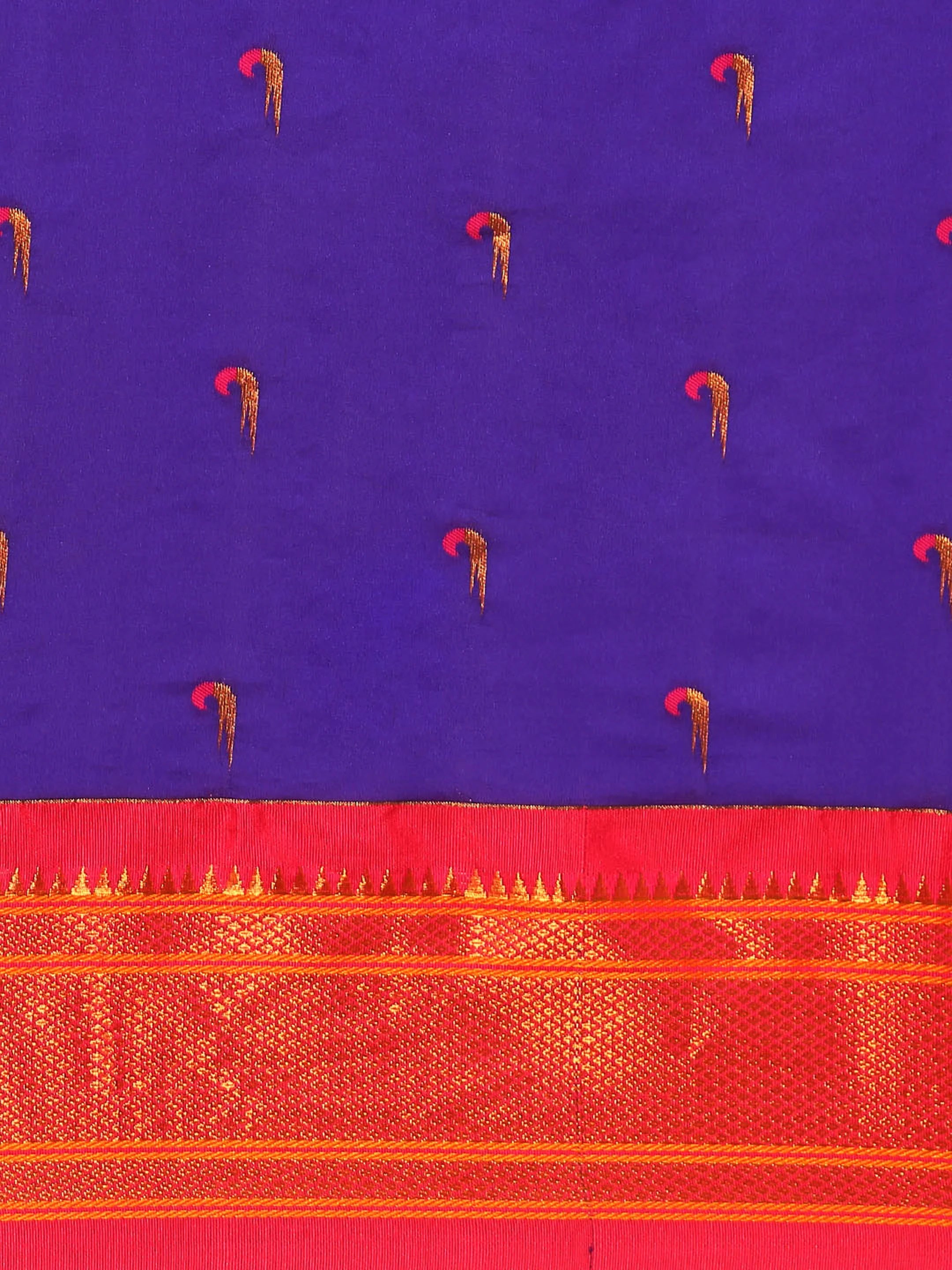 Muniya paithani saree silk blend in indigo blue and pink with parrot motif zari work - body fabric detail showing motif design for wedding wear