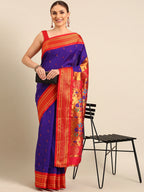 Muniya paithani saree silk blend in indigo blue and red with parrot motif zari work - front view for wedding wear