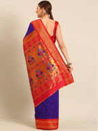 Muniya paithani saree silk blend in indigo blue and red with parrot motif zari work - back view showing pallu and border for wedding wear