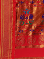 Muniya paithani saree silk blend in indigo blue and red with parrot motif zari work - pallu detail showing woven motif design for wedding wear