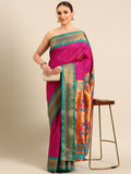 Muniya paithani saree silk blend in magenta and rama with parrot motif zari work - front view for wedding wear