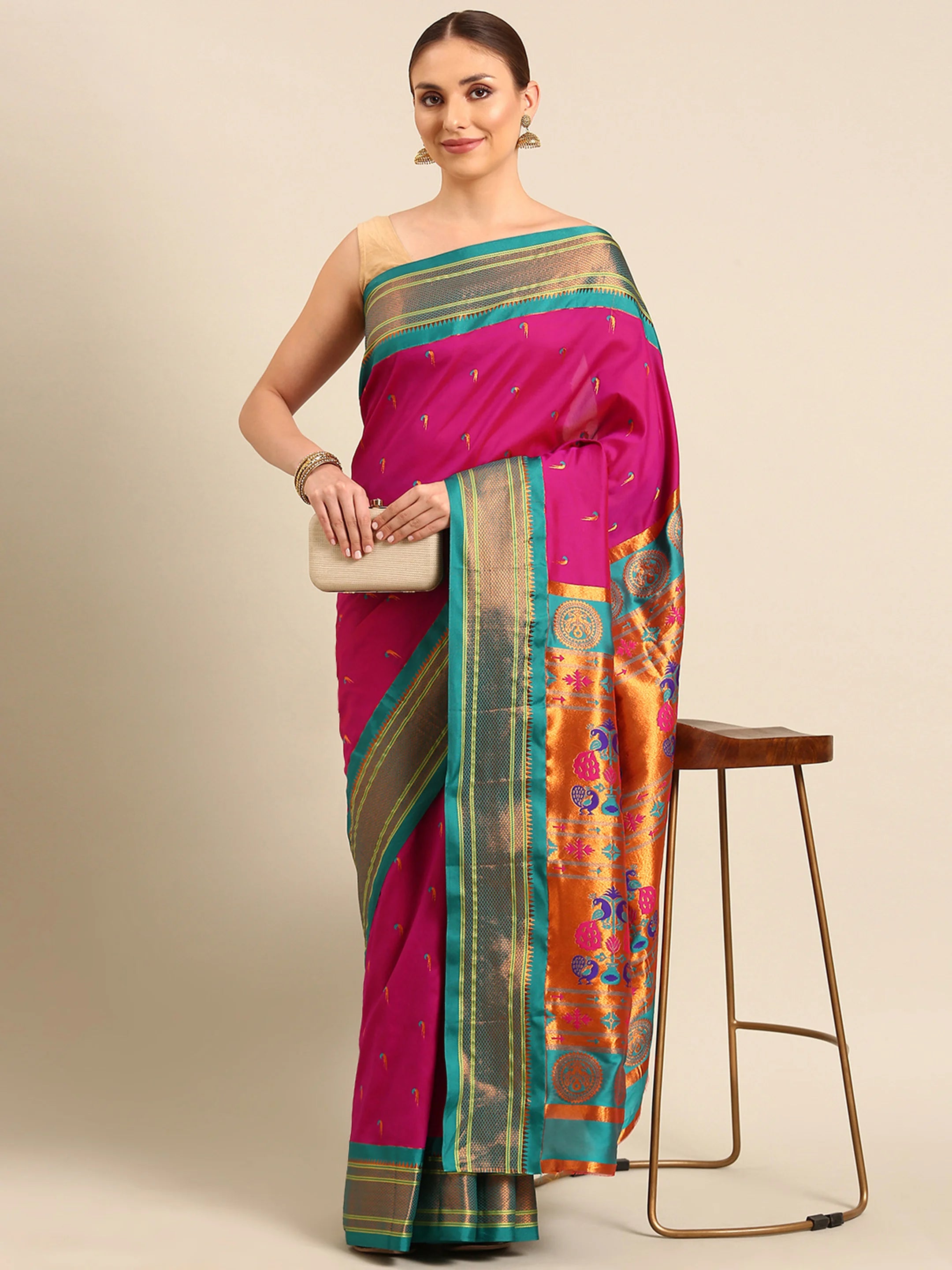 Muniya paithani saree silk blend in magenta and rama with parrot motif zari work - front view for wedding wear