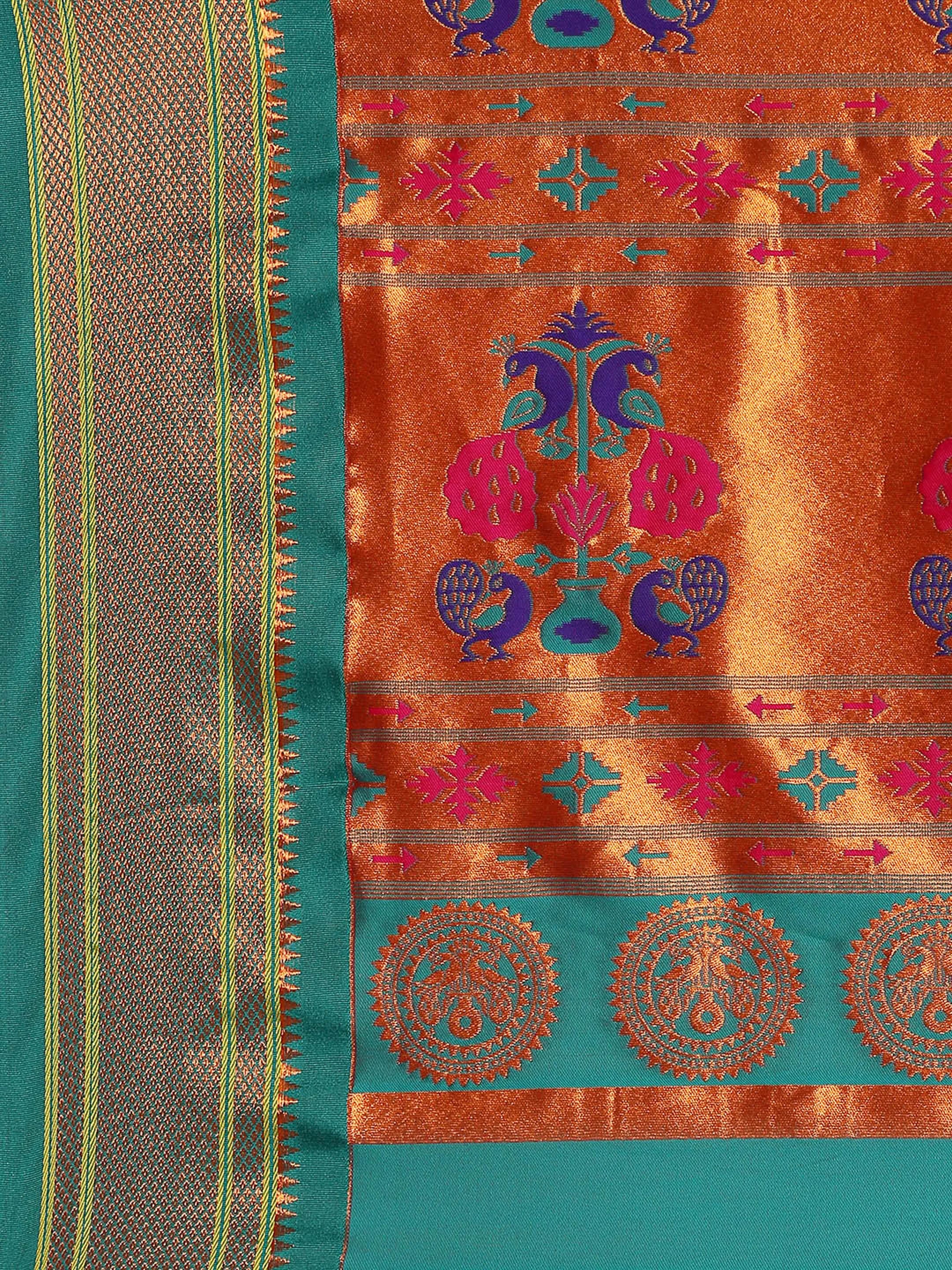 Muniya paithani saree silk blend in magenta and rama with parrot motif zari work - pallu detail showing woven motif design for wedding wear