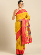 Muniya paithani saree silk blend in mustard yellow and pink with parrot motif zari work - front view for wedding wear