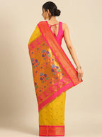 Muniya paithani saree silk blend in mustard yellow and pink with parrot motif zari work - back view showing pallu and border for wedding wear