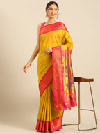 Muniya paithani saree silk blend in mustard yellow and pink with parrot motif zari work - styled model view for wedding wear