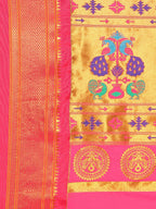 Muniya paithani saree silk blend in mustard yellow and pink with parrot motif zari work - pallu detail showing woven motif design for wedding wear