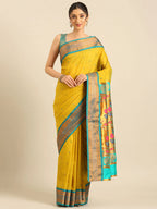 Muniya paithani saree silk blend in mustard yellow and rama with parrot motif zari work - front view for wedding wear