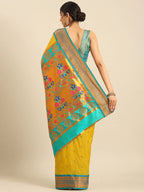 Muniya paithani saree silk blend in mustard yellow and rama with parrot motif zari work - back view showing pallu and border for wedding wear