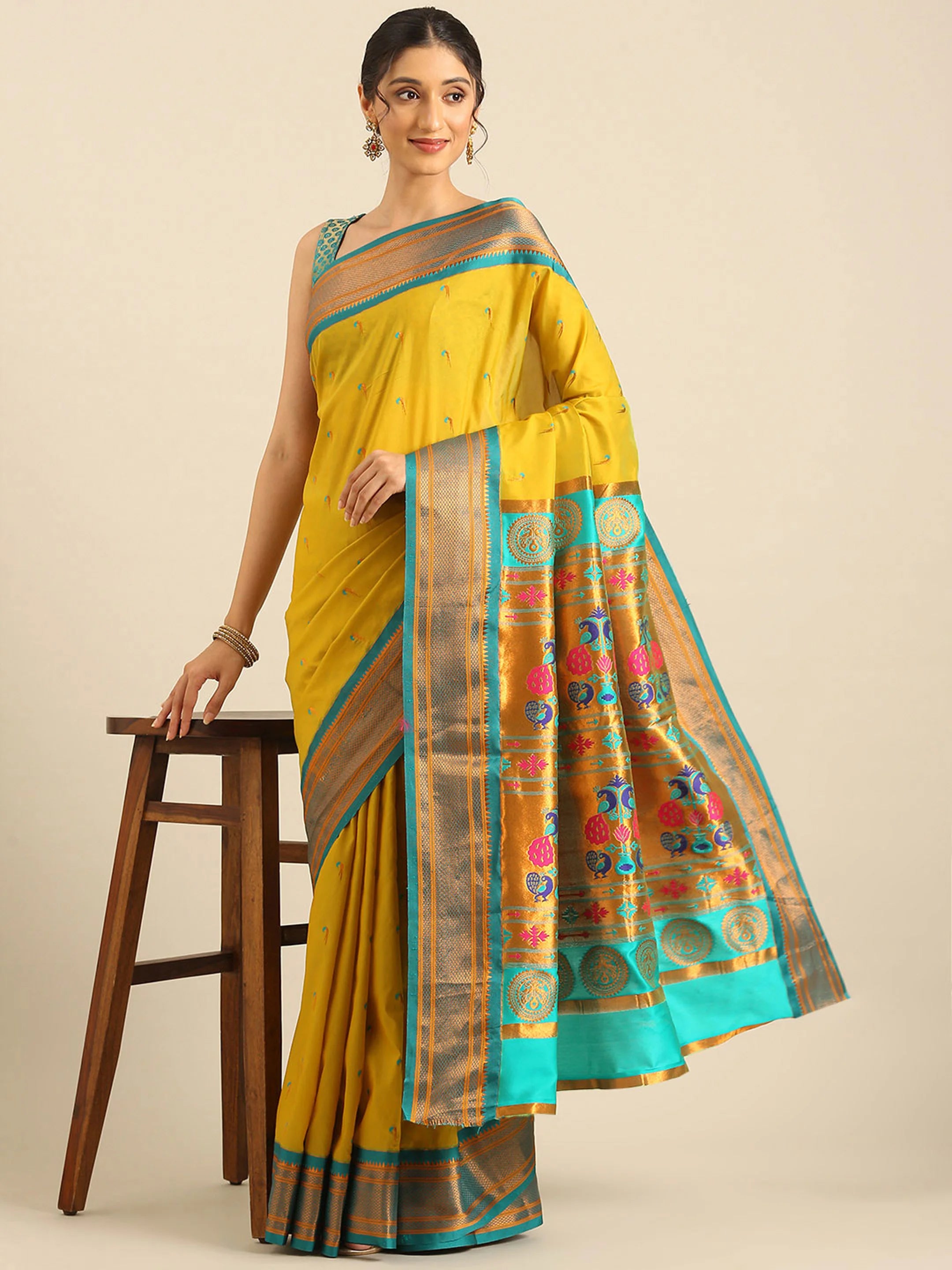 Muniya Paithani Saree Silk Blend | Parrot Motif Zari Work | Wedding Wear