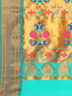 Muniya paithani saree silk blend in mustard yellow and rama with parrot motif zari work - pallu detail showing woven motif design for wedding wear