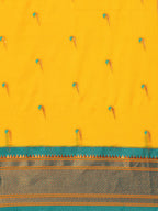 Muniya paithani saree silk blend in mustard yellow and rama with parrot motif zari work - body fabric detail showing motif design for wedding wear