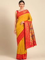 Muniya paithani saree silk blend in mustard yellow and red with parrot motif zari work - front view for wedding wear