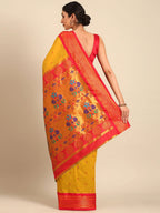 Muniya paithani saree silk blend in mustard yellow and red with parrot motif zari work - back view showing pallu and border for wedding wear