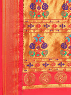 Muniya paithani saree silk blend in mustard yellow and red with parrot motif zari work - pallu detail showing woven motif design for wedding wear