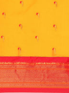 Muniya paithani saree silk blend in mustard yellow and red with parrot motif zari work - body fabric detail showing motif design for wedding wear