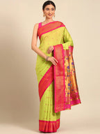 Muniya paithani saree silk blend in popati and pink with parrot motif zari work - front view for wedding wear
