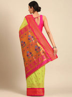 Muniya paithani saree silk blend in popati and pink with parrot motif zari work - back view showing pallu and border for wedding wear