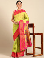 Muniya paithani saree silk blend in popati and pink with parrot motif zari work - styled model view for wedding wear
