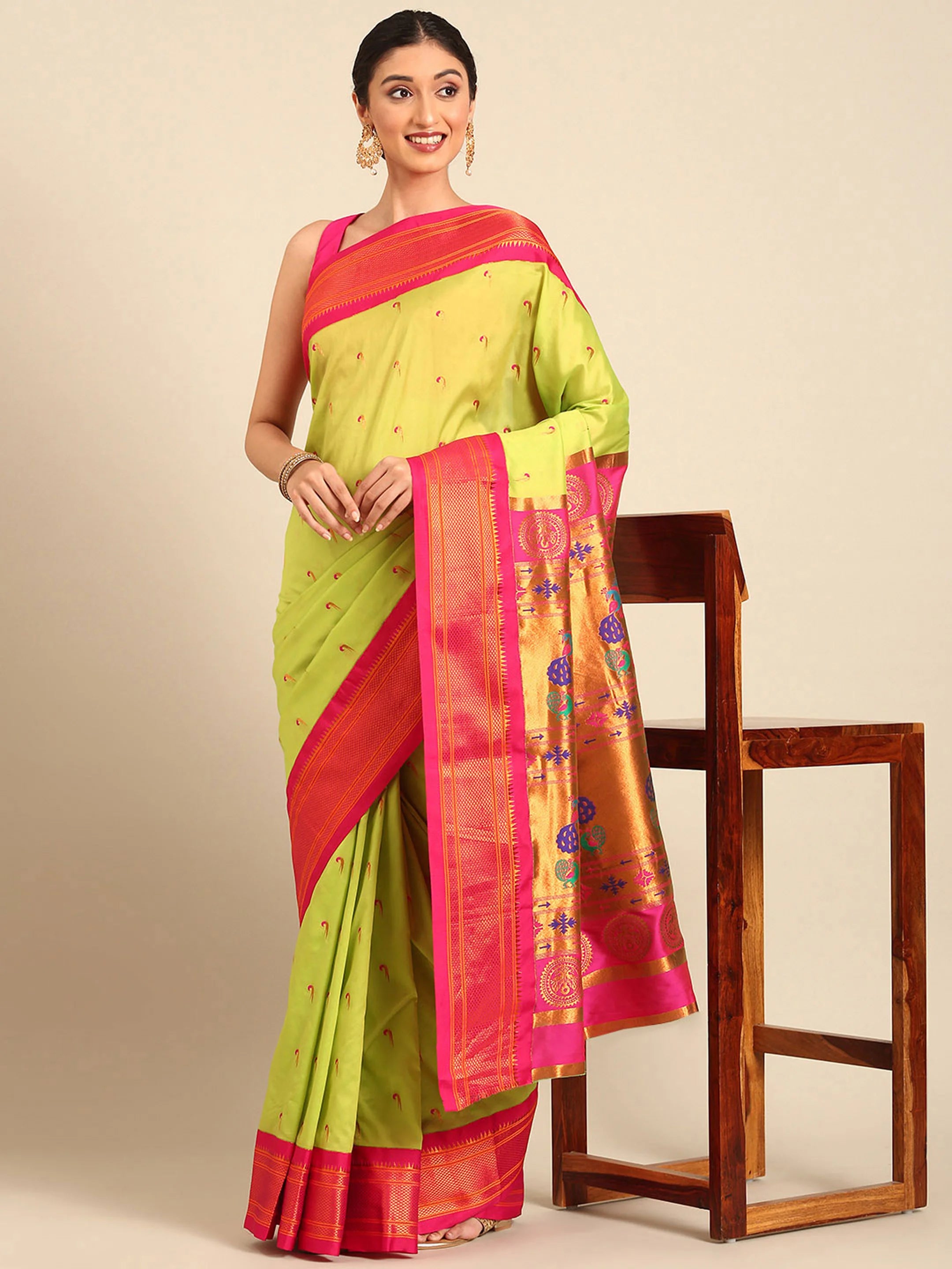 Muniya Paithani Saree Silk Blend | Parrot Motif Zari Work | Wedding Wear