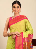 Muniya paithani saree silk blend in popati and pink with parrot motif zari work - closeup view showing fabric and zari work for wedding wear