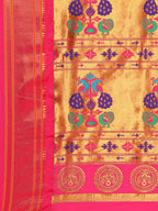 Muniya paithani saree silk blend in popati and pink with parrot motif zari work - pallu detail showing woven motif design for wedding wear