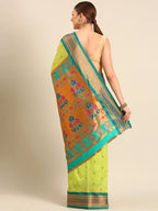 Muniya paithani saree silk blend in popati and rama with parrot motif zari work - back view showing pallu and border for wedding wear