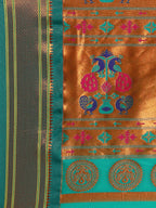 Muniya paithani saree silk blend in popati and rama with parrot motif zari work - pallu detail showing woven motif design for wedding wear