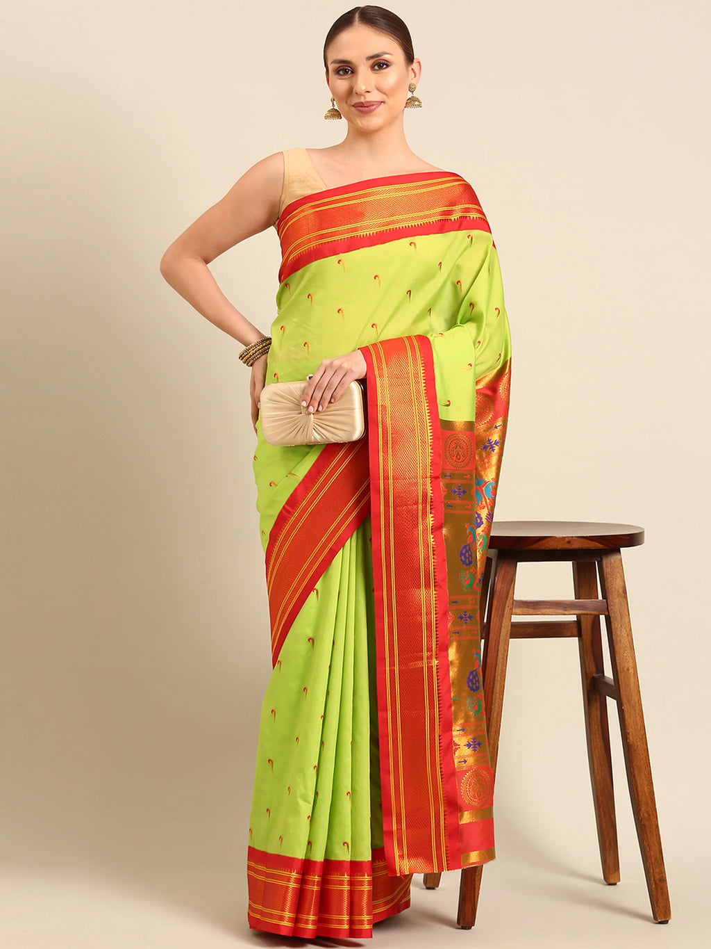 Muniya paithani saree silk blend in popati and red with parrot motif zari work - front view for wedding wear