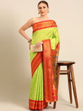 Muniya paithani saree silk blend in popati and red with parrot motif zari work - front view for wedding wear