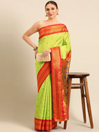 Muniya paithani saree silk blend in popati and red with parrot motif zari work - front view for wedding wear