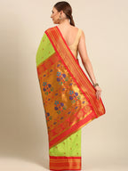 Muniya paithani saree silk blend in popati and red with parrot motif zari work - back view showing pallu and border for wedding wear