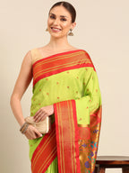 Muniya paithani saree silk blend in popati and red with parrot motif zari work - closeup view showing fabric and zari work for wedding wear