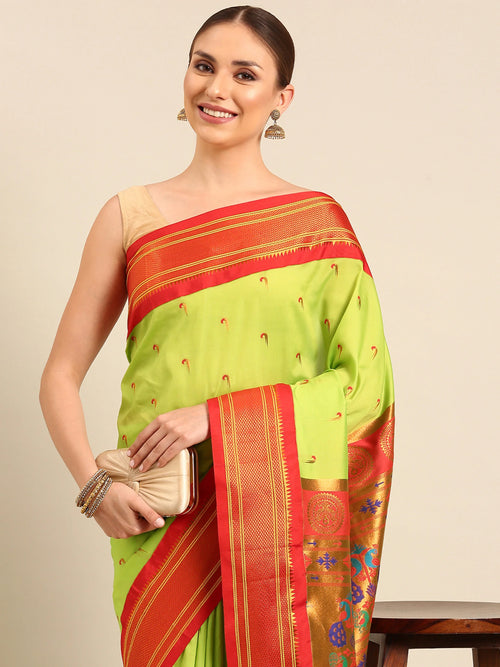 Muniya paithani saree soft silk in popati and red with parrot motif zari work - closeup view showing fabric and zari work for wedding wear