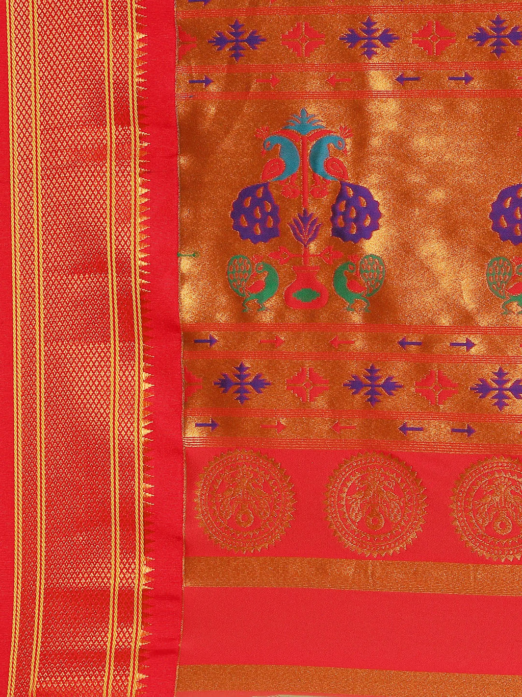 Muniya paithani saree silk blend in popati and red with parrot motif zari work - pallu detail showing woven motif design for wedding wear