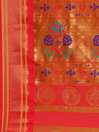 Muniya paithani saree silk blend in popati and red with parrot motif zari work - pallu detail showing woven motif design for wedding wear