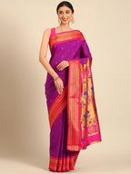 Muniya paithani saree silk blend in purple and pink with parrot motif zari work - front view for wedding wear