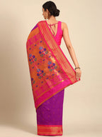 Muniya paithani saree silk blend in purple and pink with parrot motif zari work - back view showing pallu and border for wedding wear