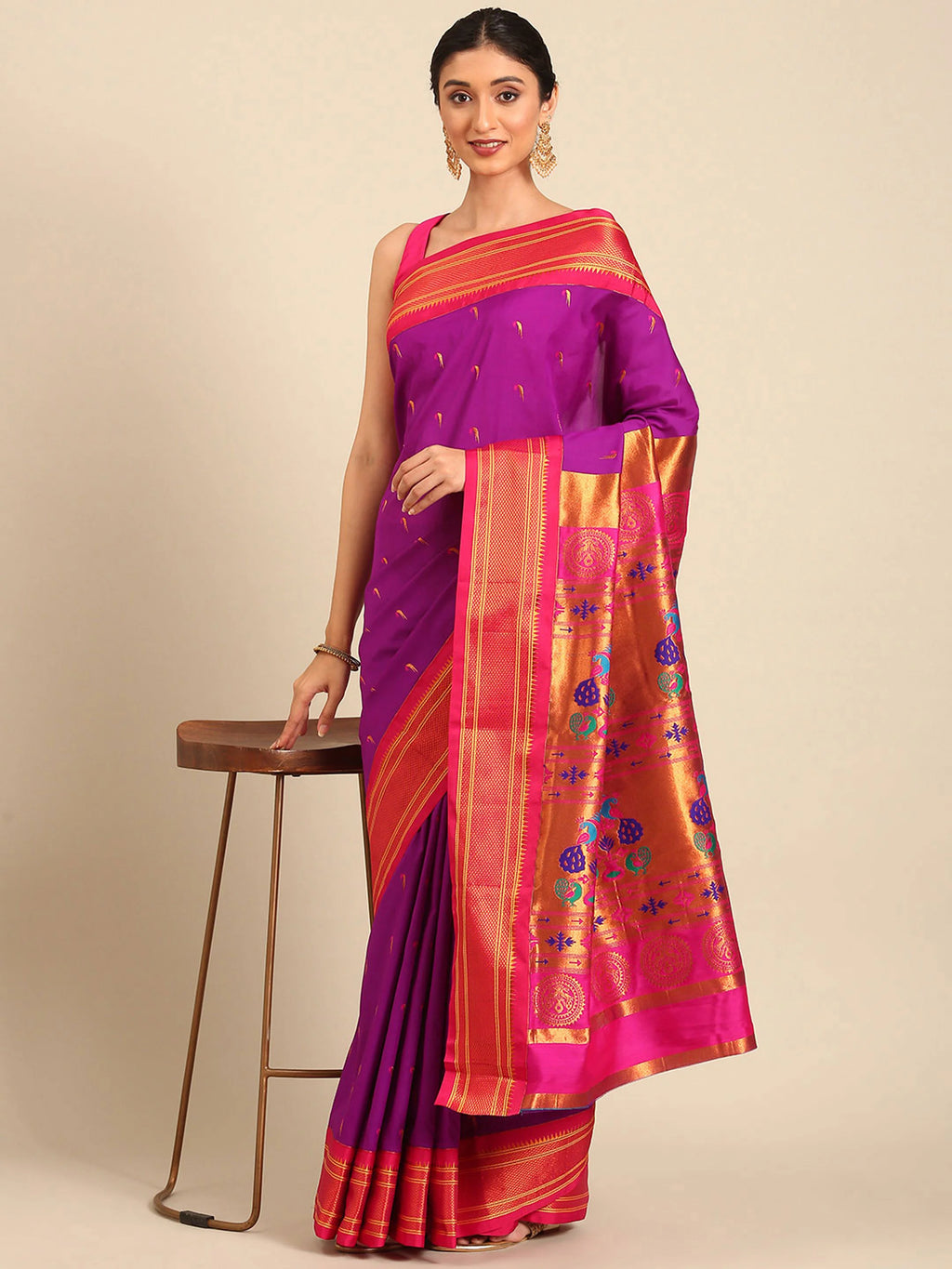 Muniya paithani saree silk blend in purple and pink with parrot motif zari work - styled model view for wedding wear