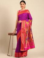 Muniya paithani saree silk blend in purple and pink with parrot motif zari work - styled model view for wedding wear