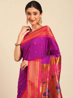Muniya paithani saree silk blend in purple and pink with parrot motif zari work - closeup view showing fabric and zari work for wedding wear