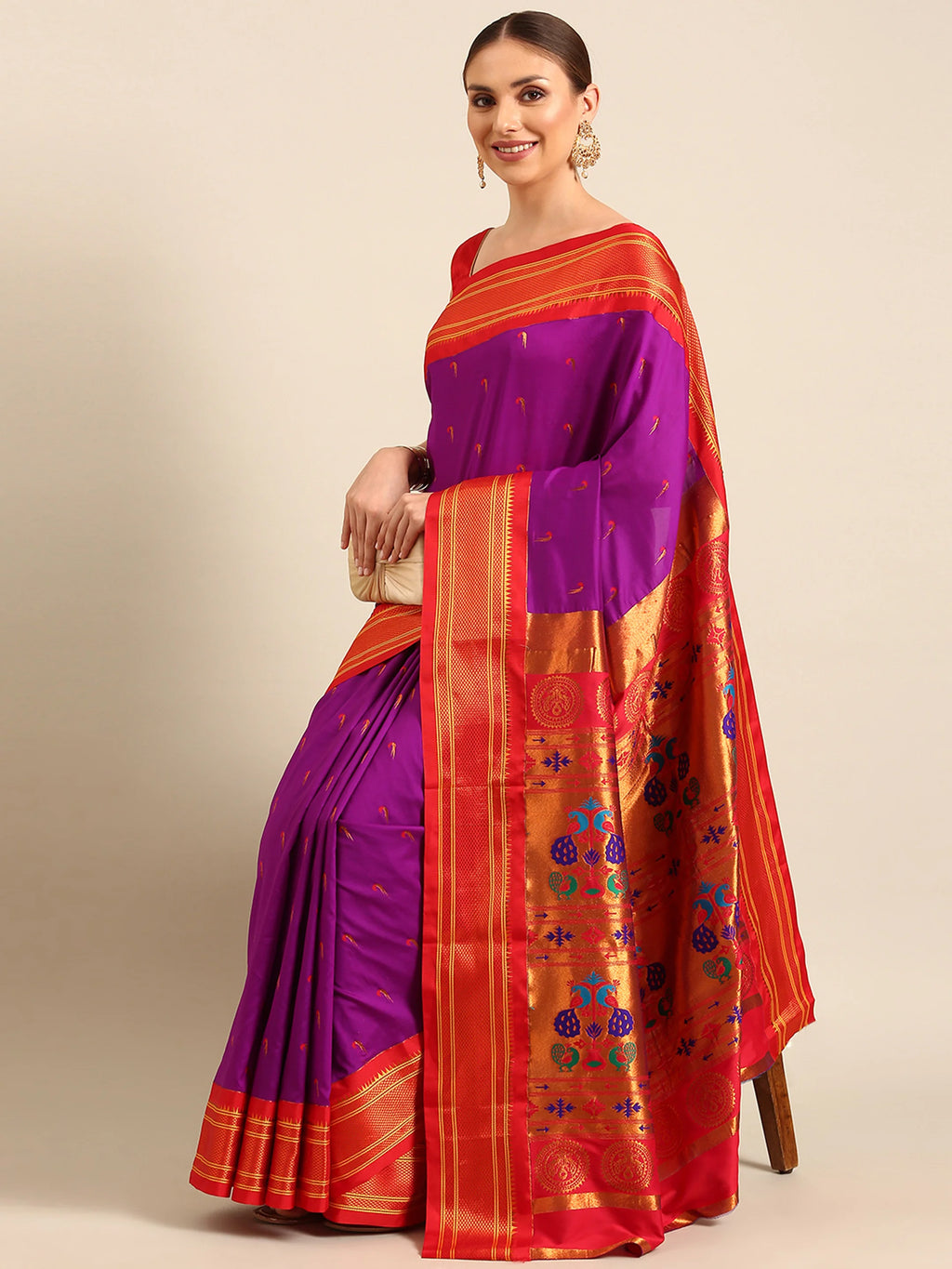 Muniya paithani saree silk blend in purple and red with parrot motif zari work - front view for wedding wear