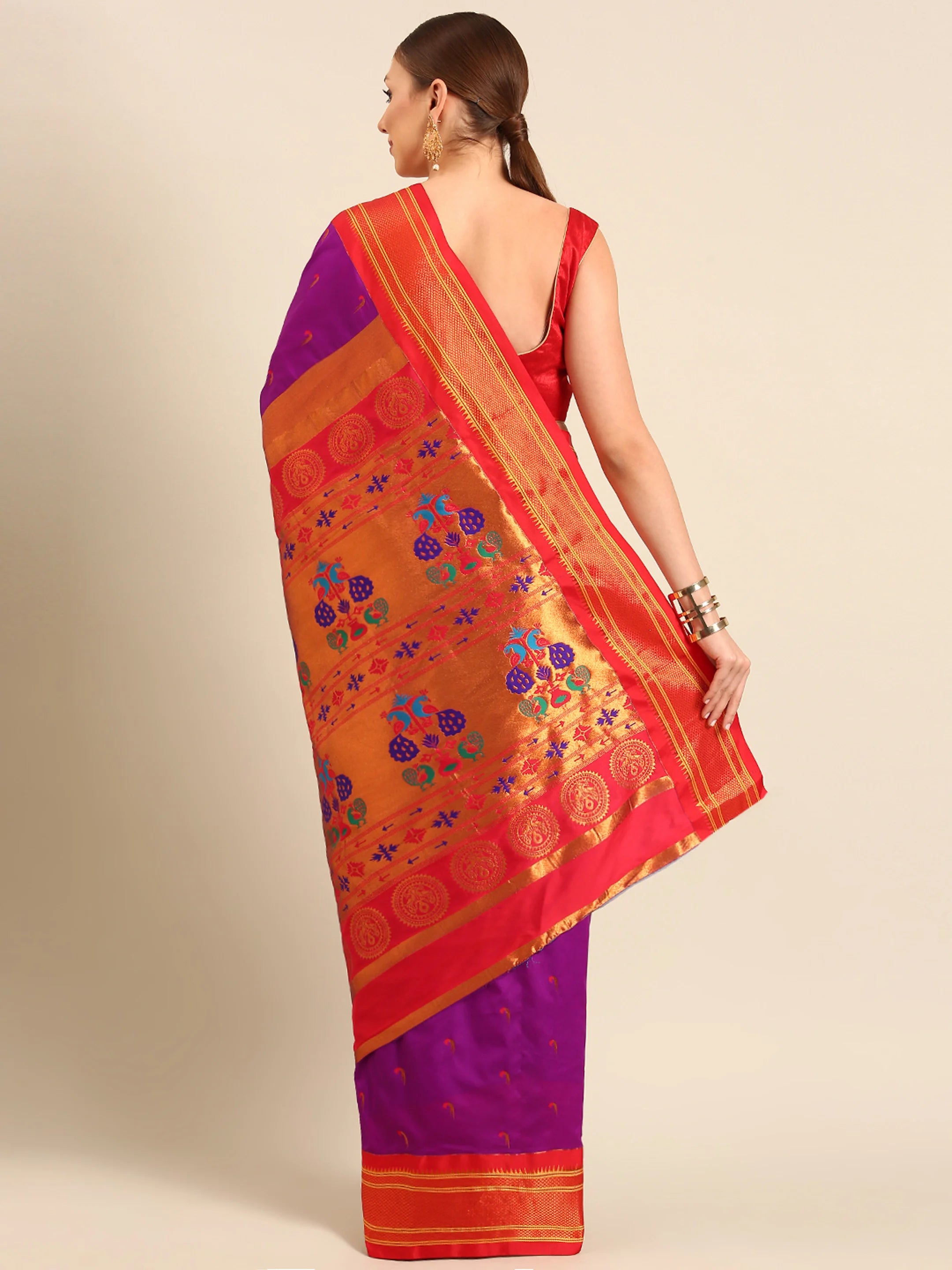 Muniya paithani saree silk blend in purple and red with parrot motif zari work - back view showing pallu and border for wedding wear