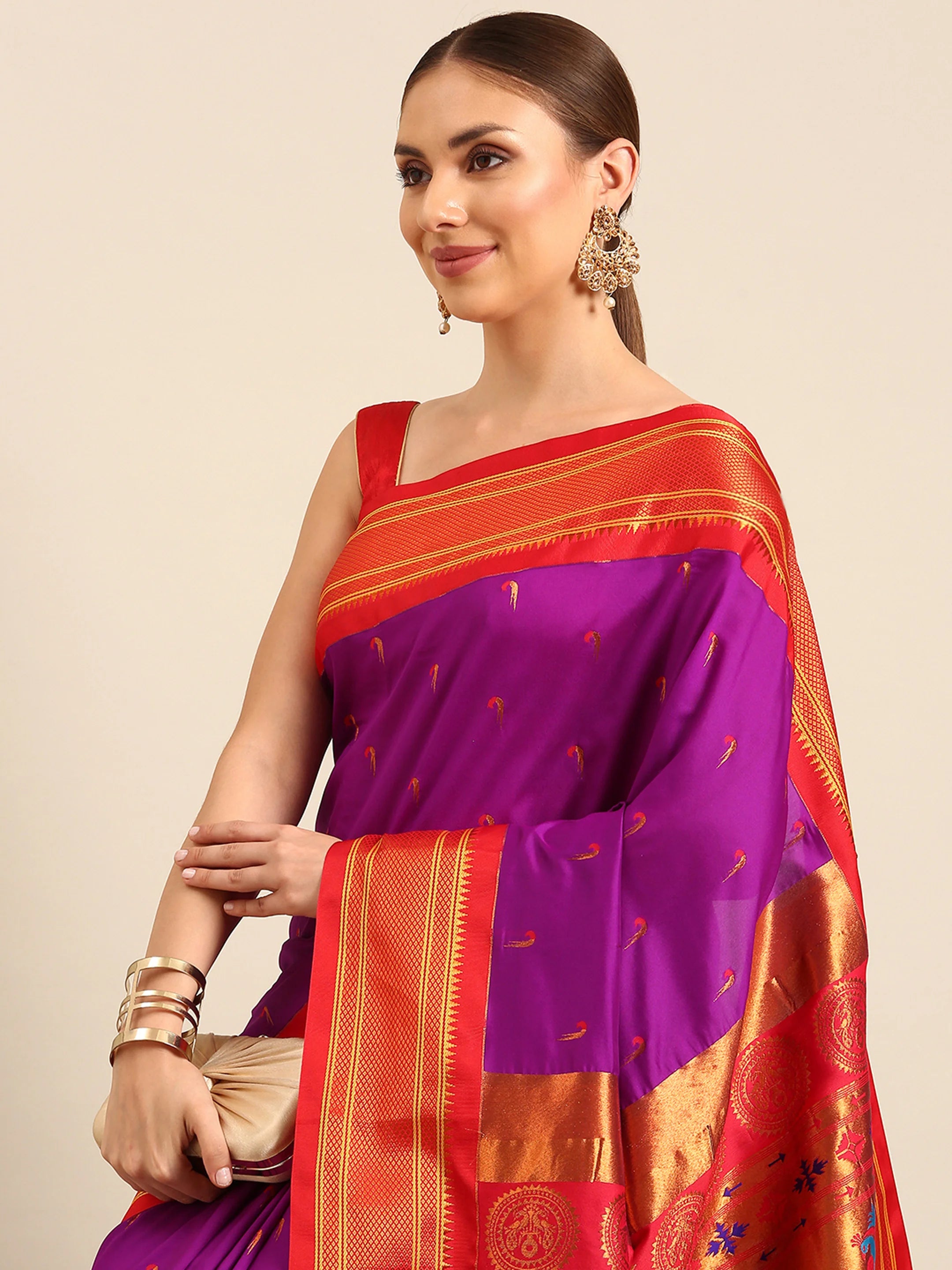 Muniya paithani saree silk blend in purple and red with parrot motif zari work - closeup view showing fabric and zari work for wedding wear