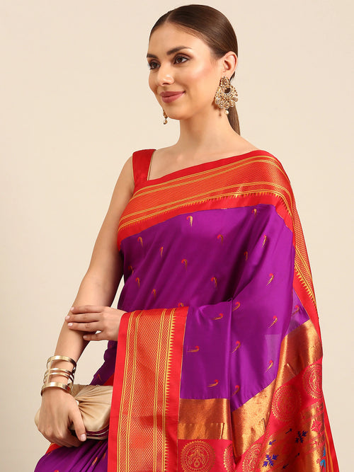 Muniya paithani saree soft silk in purple and red with parrot motif zari work - closeup view showing fabric and zari work for wedding wear