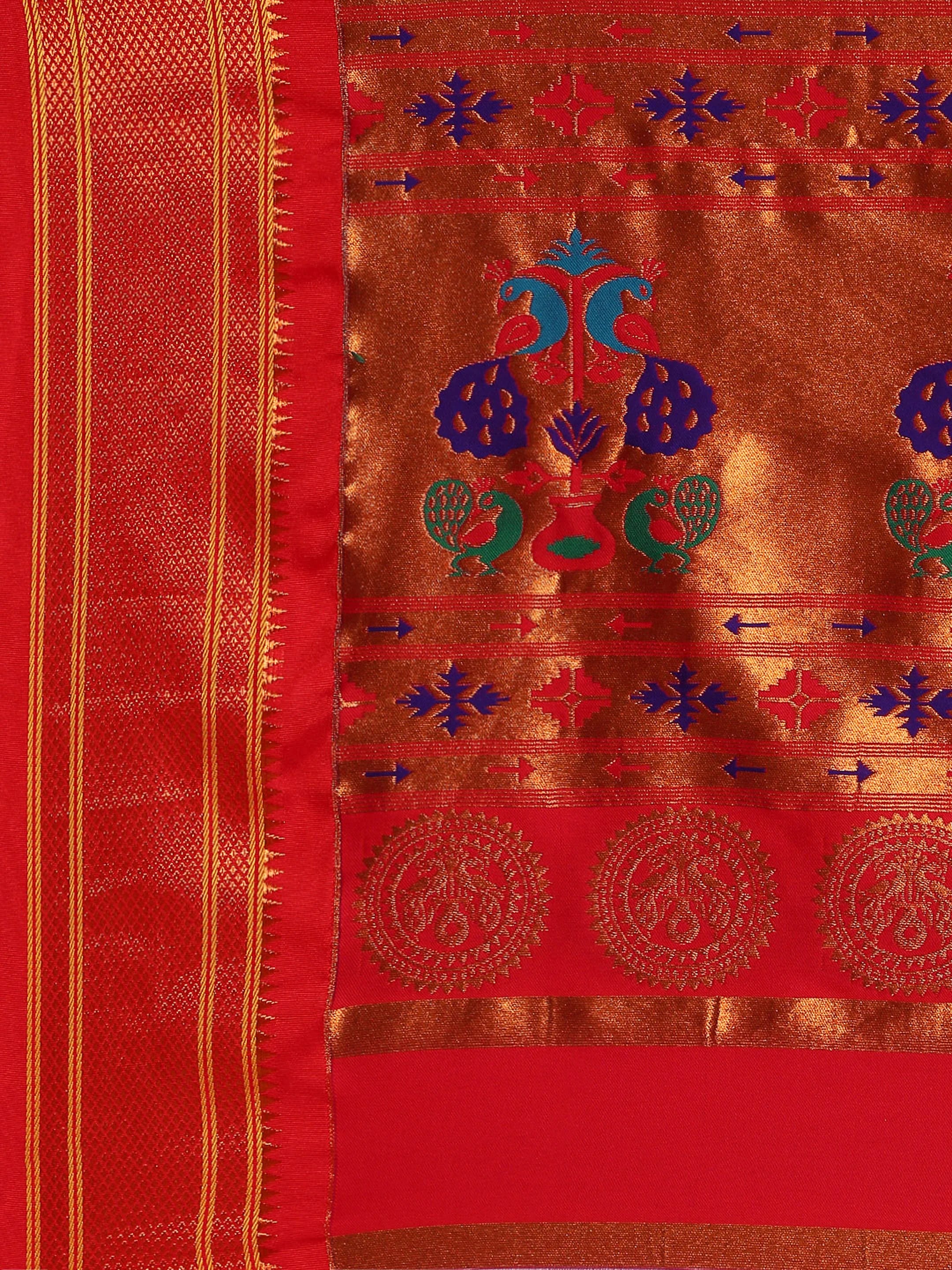 Muniya paithani saree silk blend in purple and red with parrot motif zari work - pallu detail showing woven motif design for wedding wear