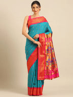Muniya paithani saree silk blend in rama green and pink with parrot motif zari work - front view for wedding wear